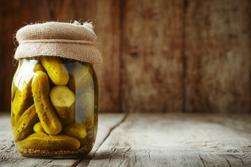 Jar of pickles on a rustic wooden table