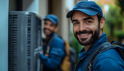 “Photograph of Two Smiling Electricians in Blue Work Uniforms, Showcasing Teamwork and Professionalism in a Safe and Productive Work Environment with High-Quality Electrical Equipment”
