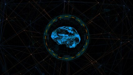 Wall Mural - motion graphic of blue digital brain logo with circle futuristic hud element and orange line connect