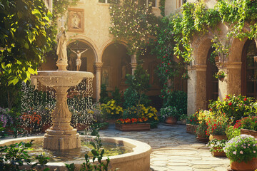 Canvas Print - A serene depiction of Catholic churchs courtyard with fountain, lush greenery, and vibrant flowers