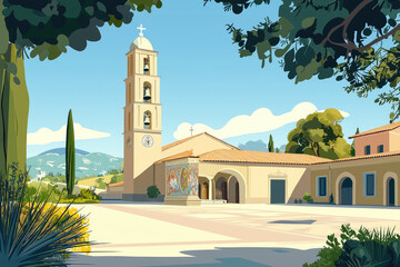 Wall Mural - A serene illustration of Catholic churchs exterior with vibrant surroundings