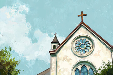 Wall Mural - A serene illustration of Catholic churchs exterior with beautiful details