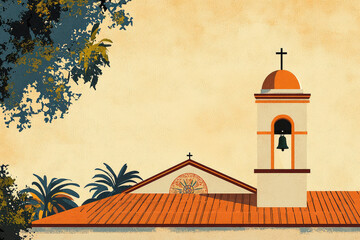 a serene illustration of catholic churchs exterior with bell tower