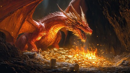 A fearsome dragon breathing fire, its scales shimmering and wings outstretched, perched atop a treasure hoard in a dark cave.