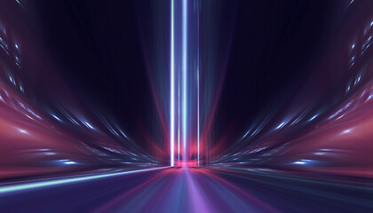 Wall Mural - neon empty stage lamps, pink and purple light, dark corridor, futuristic dark neon portal.