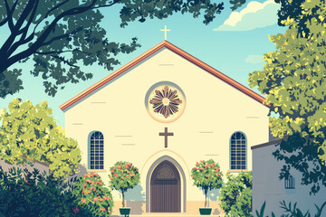 Wall Mural - A serene illustration of Catholic churchs exterior surrounded by greenery