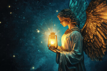 Wall Mural - A serene illustration of an angel holding lantern, radiating light and peace