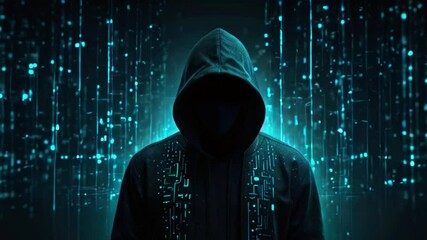 A hooded figure stands in front of a dark blue background with digital streaks of light.