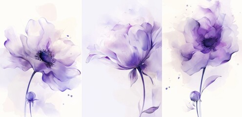 Wall Mural - Set of Three Minimalistic Vector Illustrations Featuring Purple Flowers on White Background. Elegant and Simple Floral Designs for Modern Decor and Digital Use.