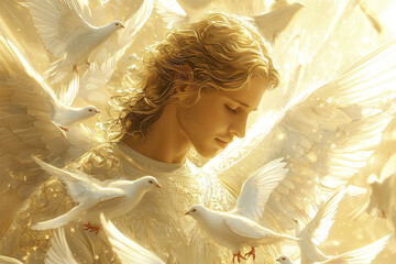 Wall Mural - A serene illustration of Archangel Gabriel surrounded by doves, radiating peace and light