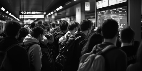 Wall Mural - A crowd of people waiting by a digital display.