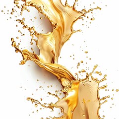 A dynamic image of golden liquid splashing in midair against a white background, showcasing fluid motion and metallic textures.
