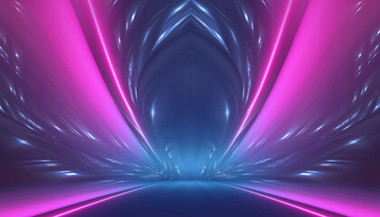 Wall Mural - Neon empty stage lamps, pink and purple light, dark corridor, futuristic dark neon portal.