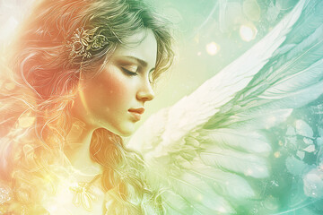 Wall Mural - A serene illustration of an angelic figure with flowing hair and wings, radiating peace