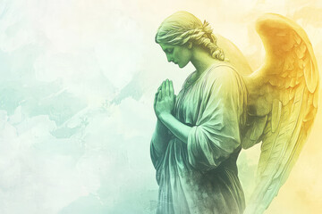 Wall Mural - A serene illustration of an angel with gentle expression, praying peacefully