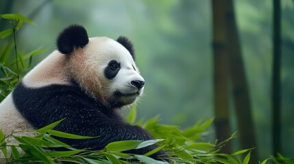 A panda bear is sitting in a forest with green leaves