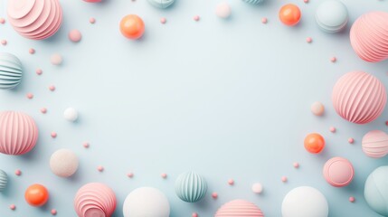 Wall Mural - Colorful geometric shapes on a soft blue background, featuring an arrangement of pastel spheres and textured elements, creating a playful and vibrant atmosphere.