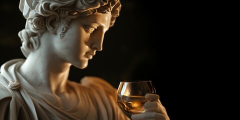 Poster - A beautiful statue of a youthful figure holding a glass, symbolizing contemplation and elegance. The classical style captures timeless artistry and sophistication. AI.