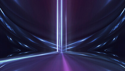 Wall Mural - Neon empty stage lamps, pink and purple light, dark corridor, futuristic dark neon portal.