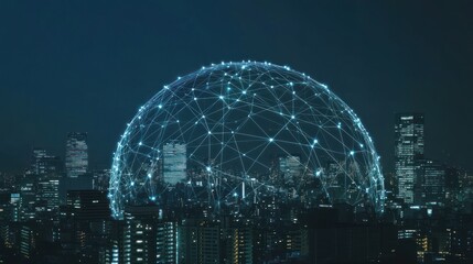 Poster - Cityscape with a glowing sphere representing global connectivity