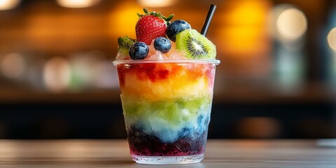 Wall Mural - Rainbow layered fruit smoothie with a straw.