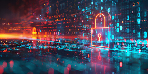 A holographic lock on binary codes screen, a cyber security backdrop, biometric verification, safty measurments of spftware data from hackers,, Digital Fortress Unveiled, Data Defense in Action,