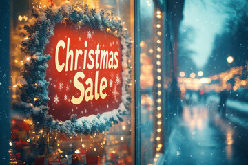 Christmas sale sign in a decorated shop window with snowflakes, festive lights, and a wintery atmosphere outside