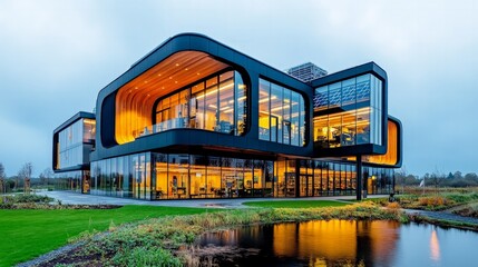 The exterior of the modern house with solar panels on the roof reflects sustainable production.