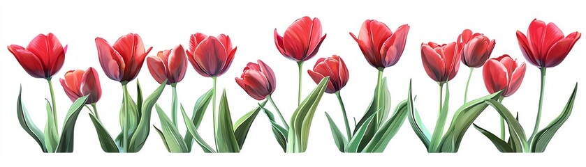 Wall Mural - A vibrant row of red tulips showcasing their graceful petals and lush green leaves, perfect for floral themes and nature designs.