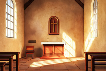 Wall Mural - A serene depiction of Catholic church interior with warm lighting