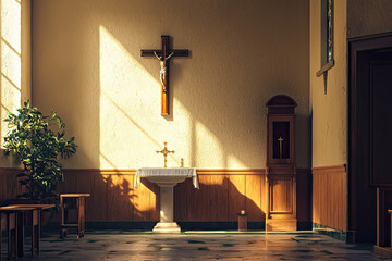 A serene interior of Catholic church with soft light illuminating space