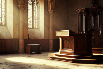 Wall Mural - A serene interior of Catholic church with beautiful stained glass