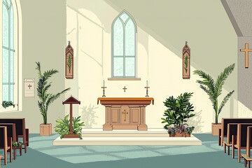 A simple depiction of Catholic church interior with serene plants and light