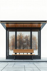 Modern bus stop design featuring a wooden bench and large glass panels, surrounded by trees, offering a stylish waiting environment.