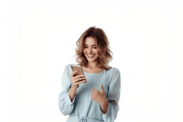 Sticker - A beautiful woman with shoulder-length wavy hair is smiling and looking at her cell phone photography background isolated.