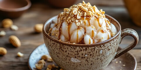 Canvas Print - White dessert with nuts and caramel in a cup.