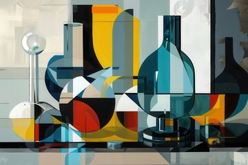 Wall Mural - Geometric Harmony, a vibrant still life showcasing abstract shapes and reflections, blending warm and cool colors with glass-like elements and intricate layering.