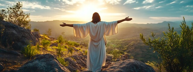 Jesus standing on the mountain with his arms outstretched, back to camera, arms open wide in a beautiful sunrise