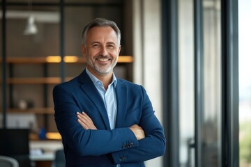 Wall Mural - Happy middle aged business man ceo standing in office arms crossed. Smiling mature confident professional executive manager, proud lawyer, with generative ai