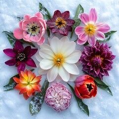 Wall Mural - A vibrant arrangement of colorful flowers on a snowy background, showcasing nature's beauty and intricate details.