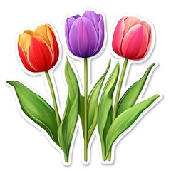 Wall Mural - A vibrant bouquet of three colorful tulips representing beauty and springtime freshness.