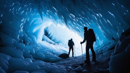 a man and a woman are standing in front of an ice cave.