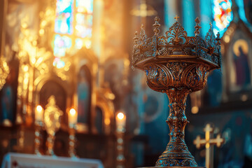 Wall Mural - A vibrant close up of Catholic churchs tabernacle, showcasing intricate details and warm lighting