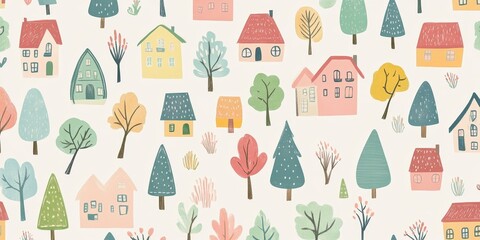 Sticker - Whimsical illustration of houses and trees.