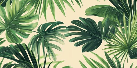 Wall Mural - Tropical green leaves on cream background.