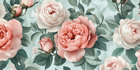 Wall Mural - Pink and white roses with green leaves.