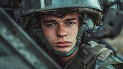 young soldier wearing a helmet inside a military tank with a focused expression