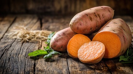 Wall Mural - Fresh sweet potatoes on a wooden surface, showcasing whole and sliced sections.