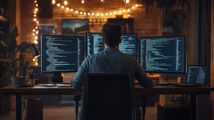 Rear view of a programmer working late at night with three computer screens showing lines of code.