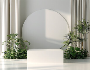 Product display podium scene decorated with olive leaves stock illustration